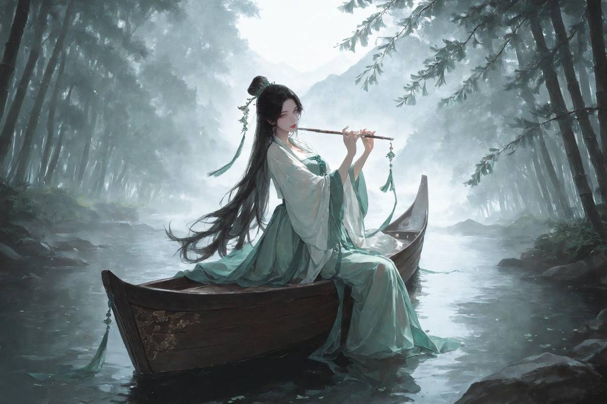 仙裾拂水横箫坐，吹与云深未归人。-pixiv插画-作品交流服务